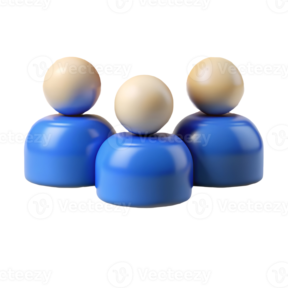 Three abstract figures with blue bodies and beige heads standing side by side on a transparent background png