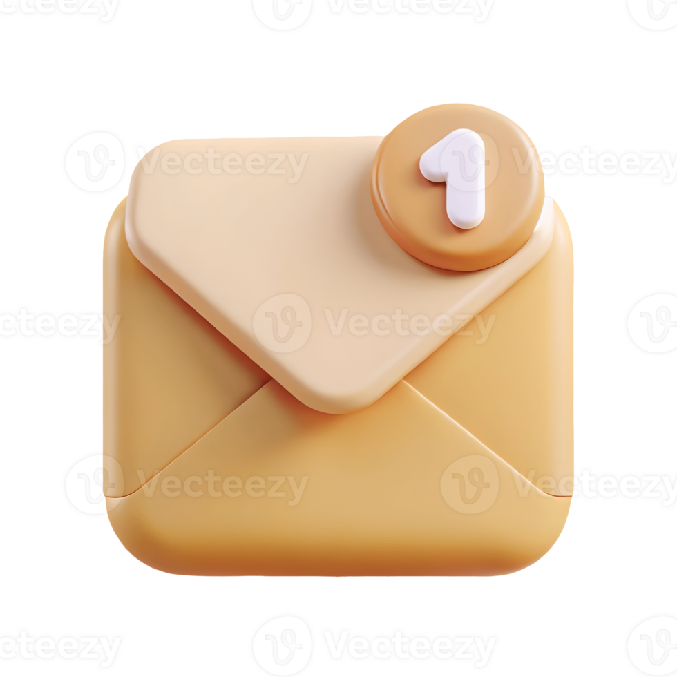 3D rendered envelope icon with a new message indicator on a transparent background png
