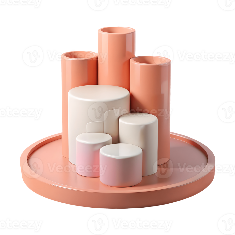 Modern minimalist cylindrical vases in soft pink and white arranged on a matching circular tray perfect for contemporary interior design on a transparent background png