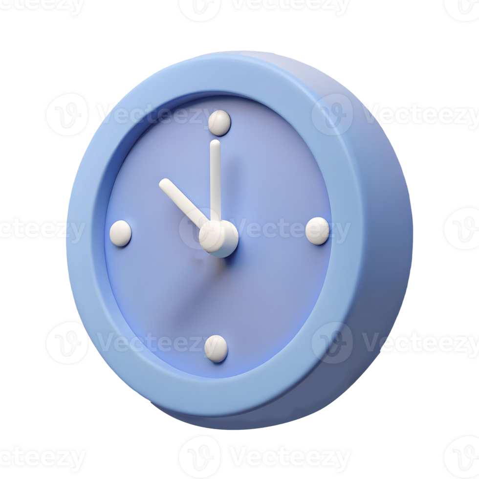 Simplified blue clock with white dots and hands isolated on a transparent background png