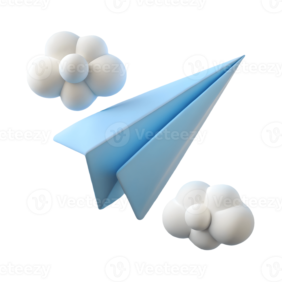 3D Rendered Blue Paper Airplane with White Clouds on a Transparent Background png