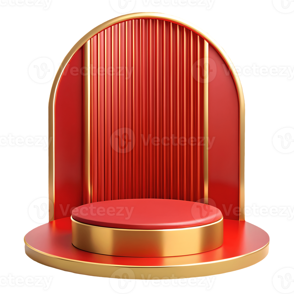 Red and gold podium with a sleek modern design featuring a round base and a vertical striped backdrop perfect for product displays on a transparent background png