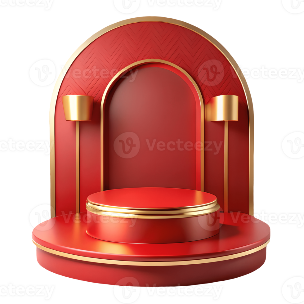 Elegant red and gold podium with arch backdrop and cylindrical lights perfect for product displays on a transparent background png