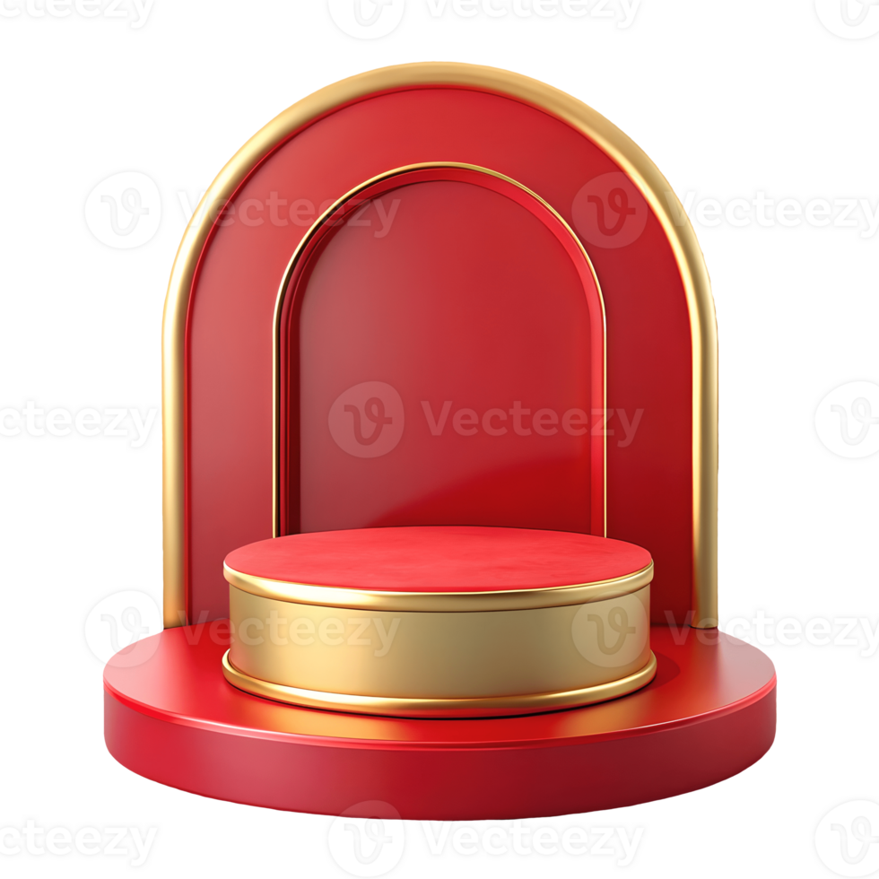 Red and gold luxury podium with a circular stage and arched backdrop perfect for product displays on a transparent background png