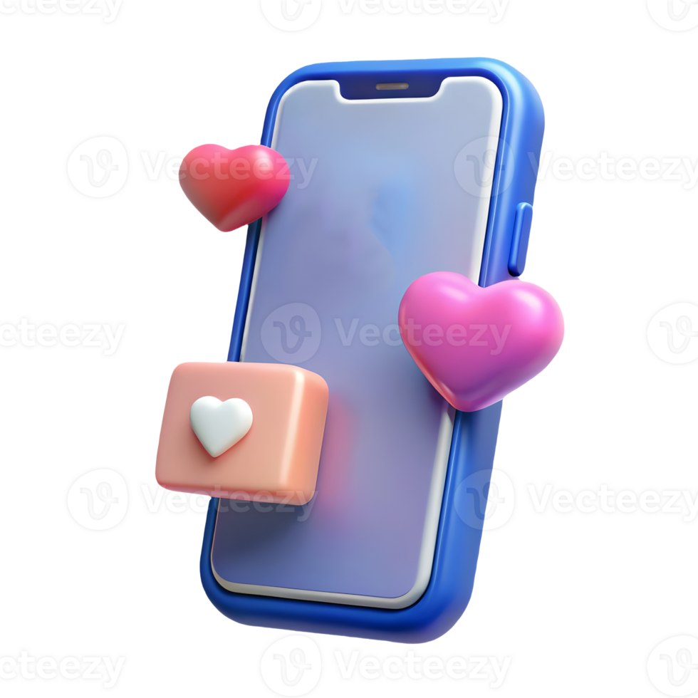 3D rendering of a modern smartphone with vibrant heart icons symbolizing love and social media engagement on a transparent background png