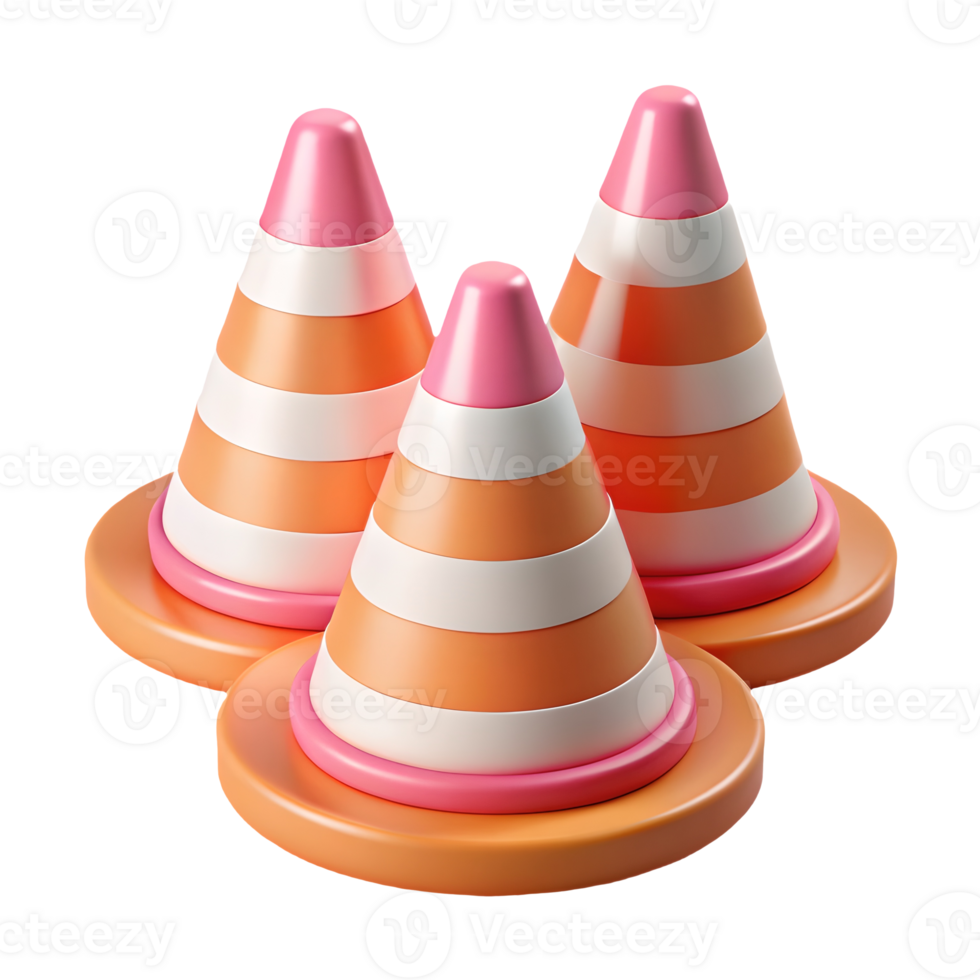 Three vibrant striped traffic cones with pink tops and orange bases on a transparent background png