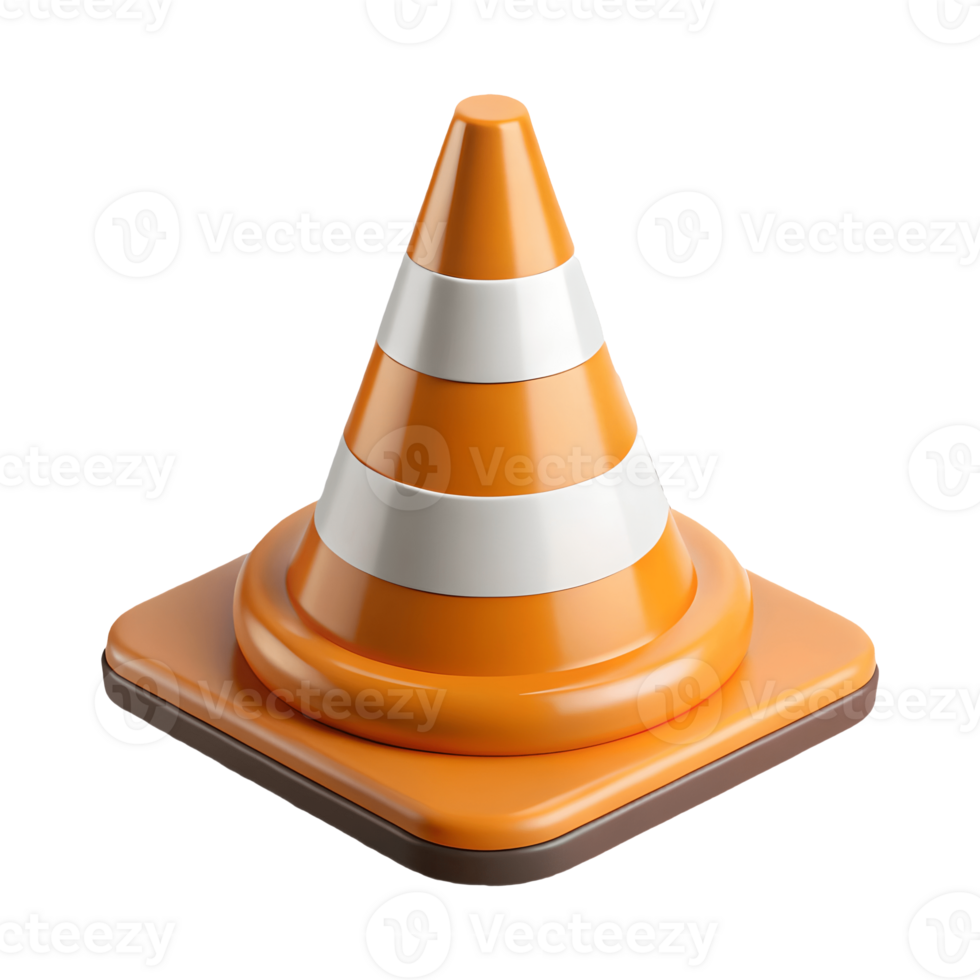 3D rendered orange and white striped traffic cone on a square base isolated on a transparent background png