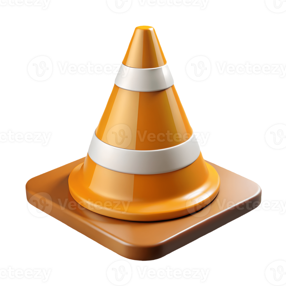 3D rendered orange traffic cone with white reflective stripes isolated on a transparent background png