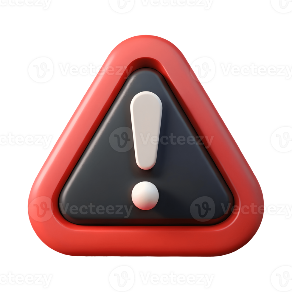 3D Rendered Red and Black Triangle Warning Sign with White Exclamation Mark on a Transparent Background png