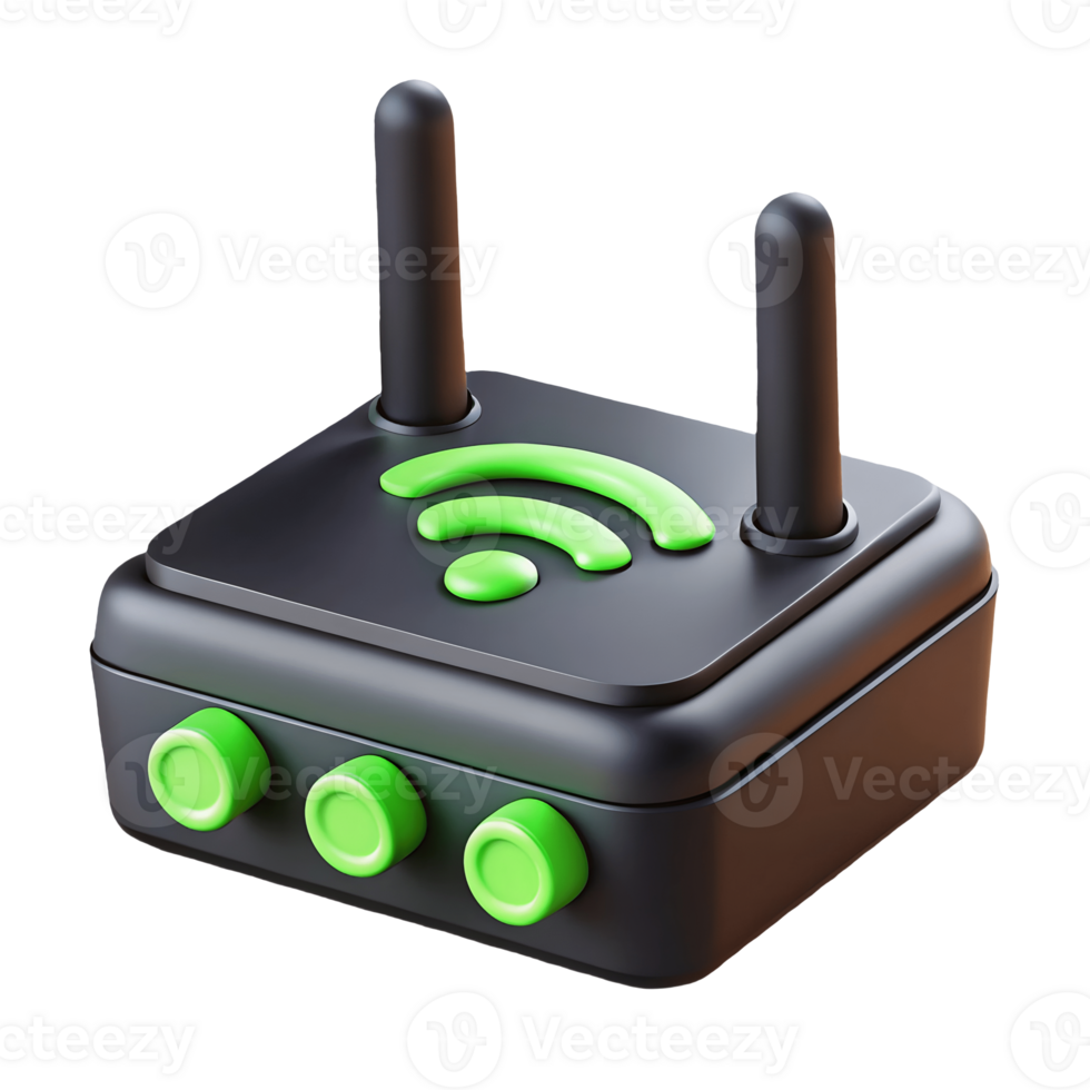 3D Black and Green Wi Fi Router with Antennas and Buttons on a transparent background png