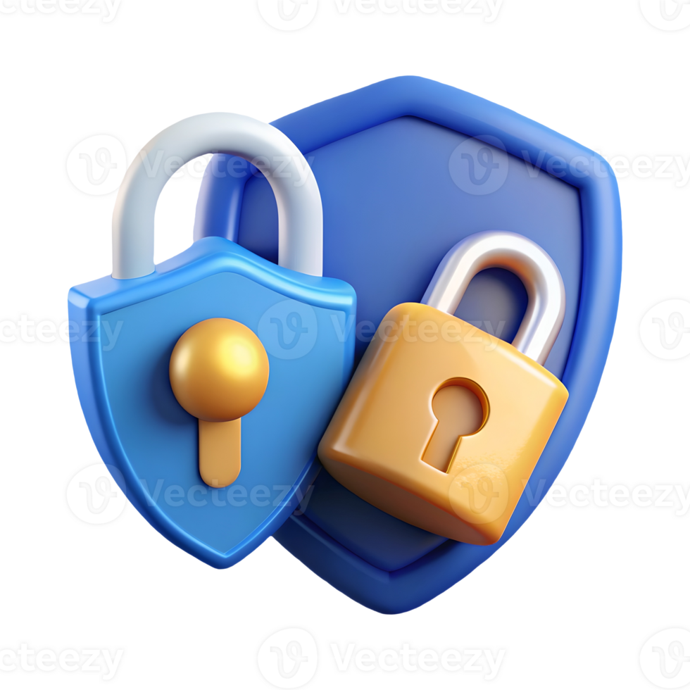 3D Render of a Blue Shield with a Golden Lock Symbolizing Security and Protection on a transparent background png