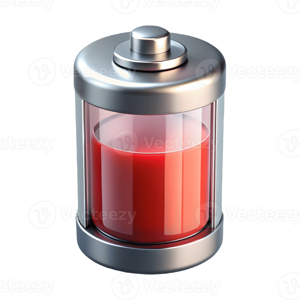 A sleek metallic battery icon with a red indicator level symbolizing power and energy on a transparent background png