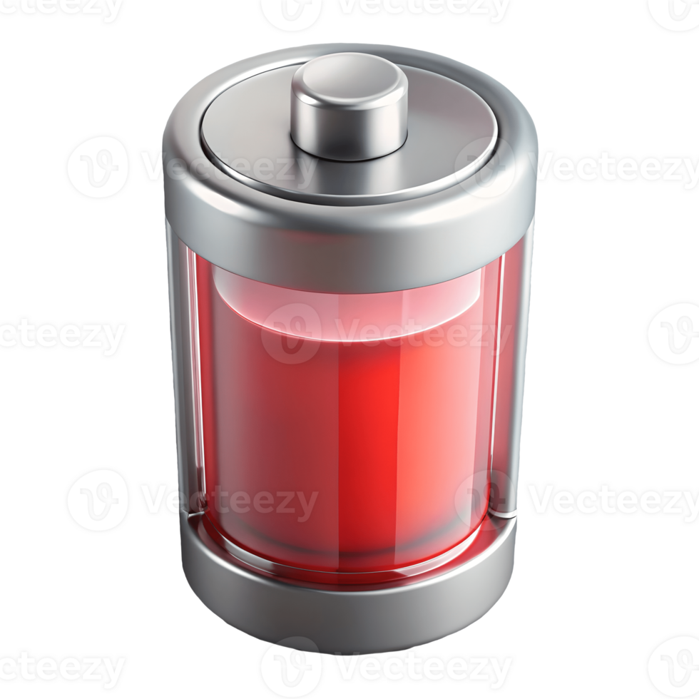 A modern sleek battery icon with a red indicator level signifying low power rendered in high detail on a transparent background png
