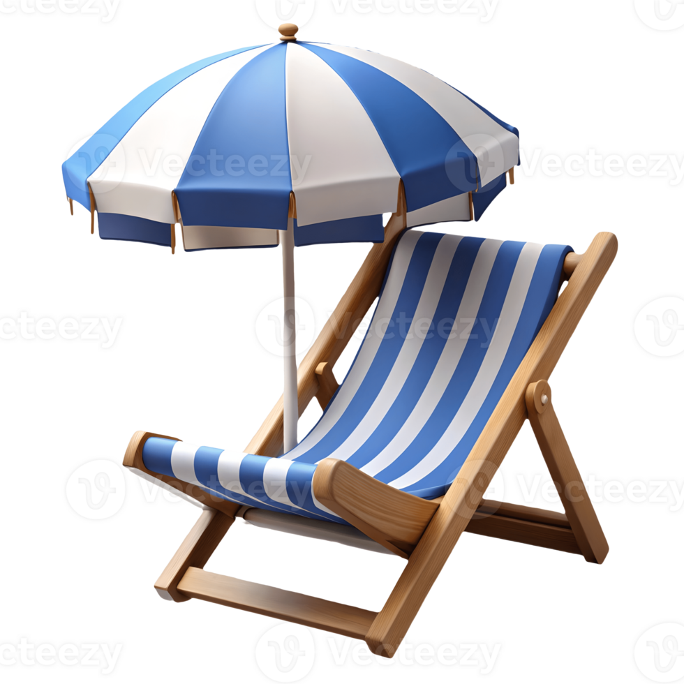 Blue and white striped beach chair with matching umbrella perfect for summer relaxation outdoor on a transparent background png