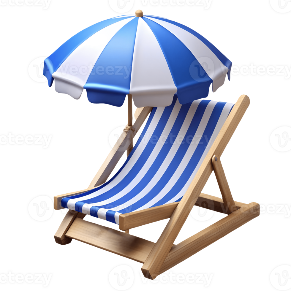 Blue and white striped beach chair with matching umbrella perfect for summer relaxation holiday on a transparent background png