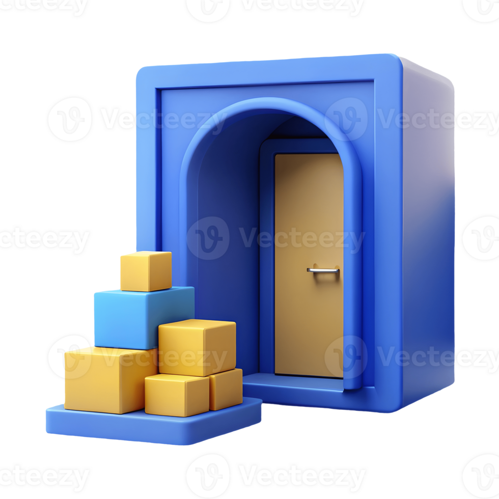 3D illustration of a blue archway with a golden door accompanied by a stack of yellow and blue cubes on a transparent background png