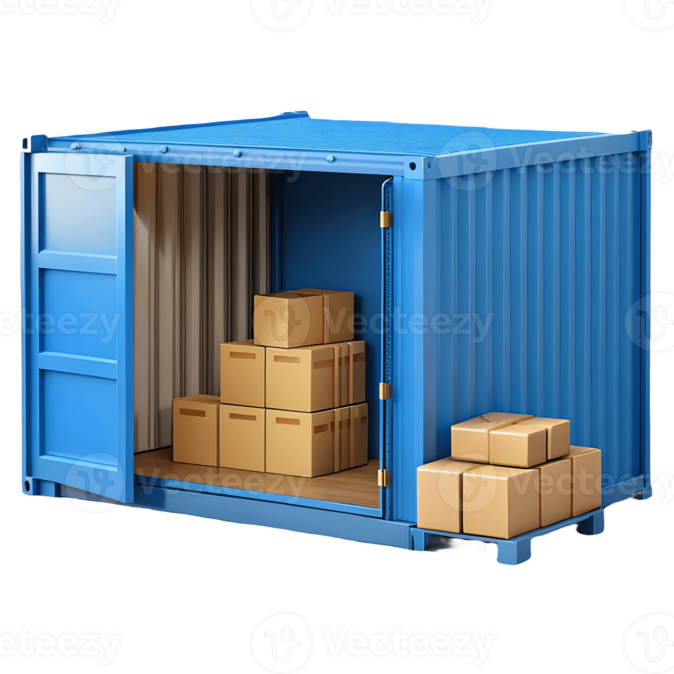 Blue shipping container with cardboard boxes inside and outside on a transparent background png