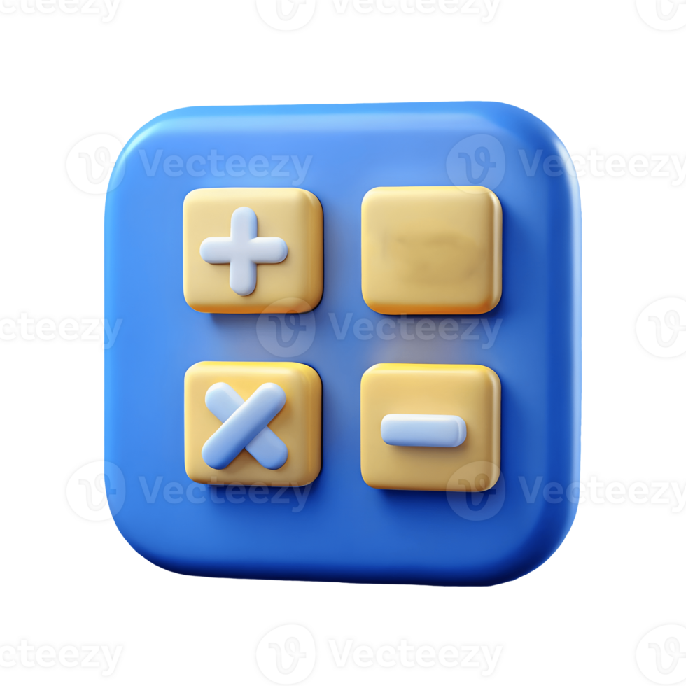 3D Calculator Icon with Addition Subtraction Multiplication and Division Symbols on a Blue Background on a transparent background png