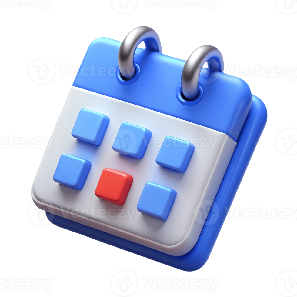 3D Blue Calendar Icon with Red Highlighted Date on a transparent background png