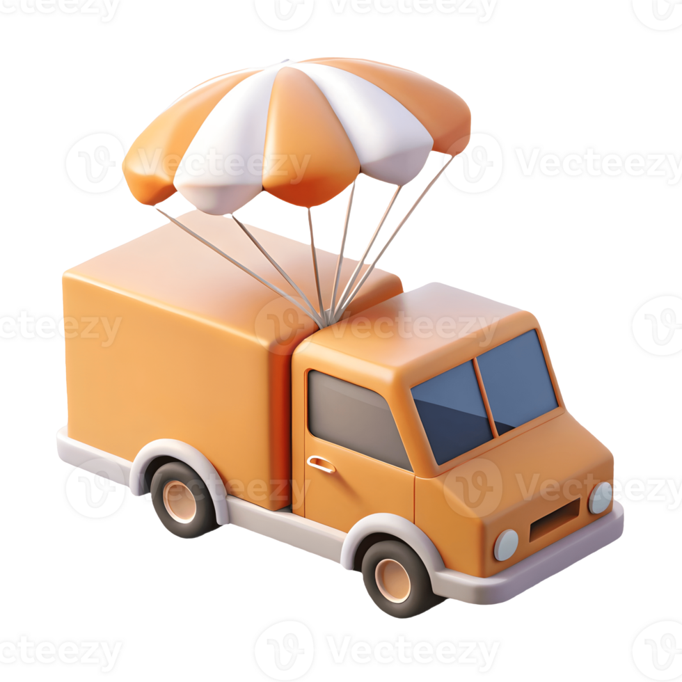 Cute 3D orange delivery truck with a parachute on top perfect for logistics and shipping concepts on a transparent background png