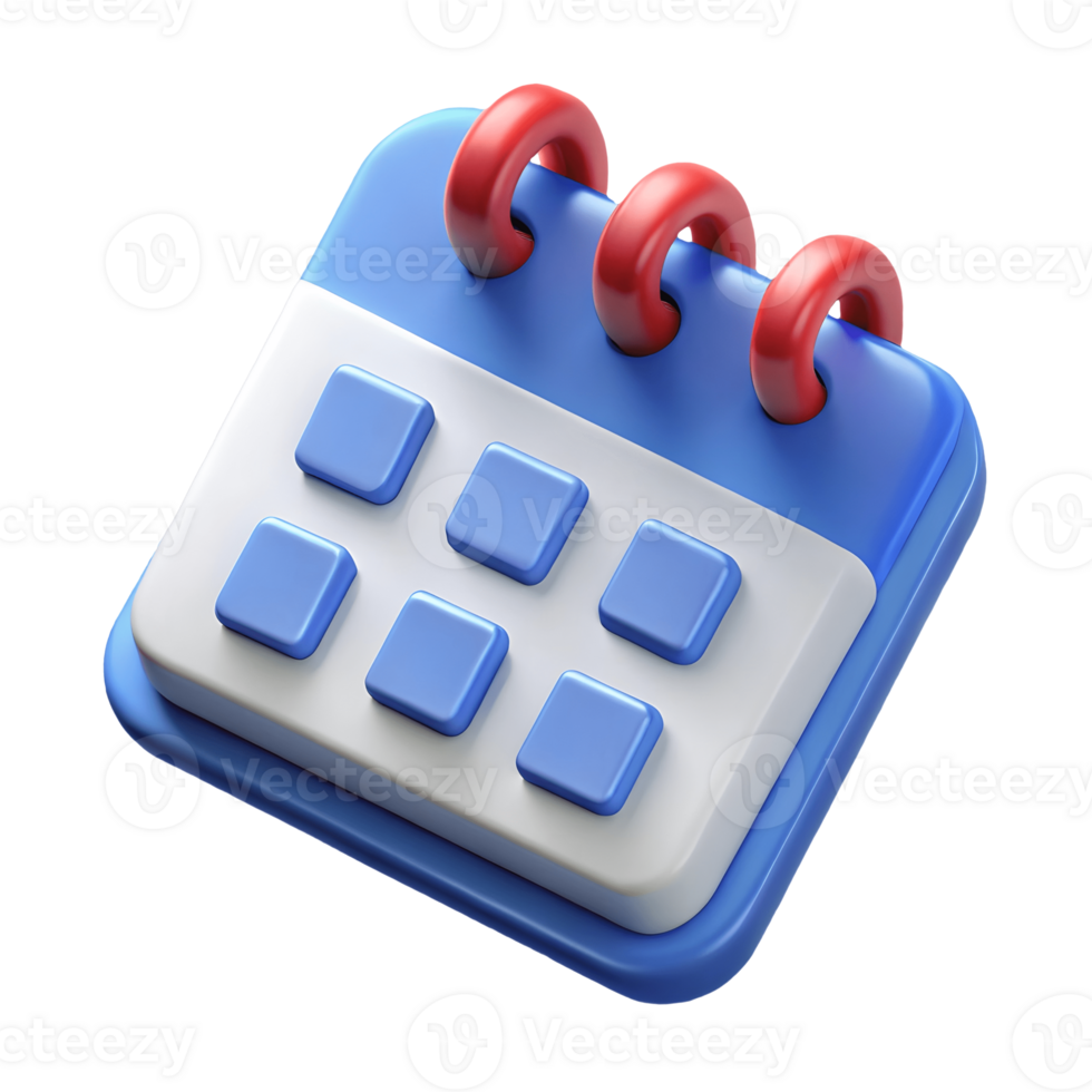 3D Blue Calendar Icon with Red Spirals on a transparent background png