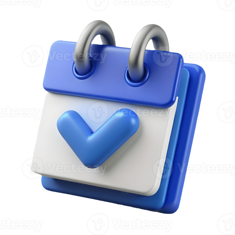 3D Blue Calendar Icon with Check Mark tick on a transparent background png