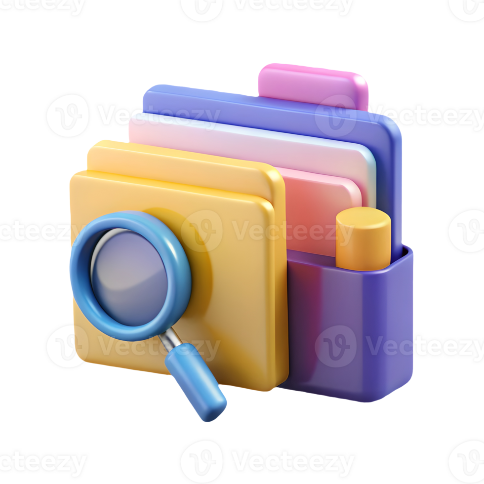 Colorful 3D folders with a blue magnifying glass symbolizing search and organization on a transparent background png