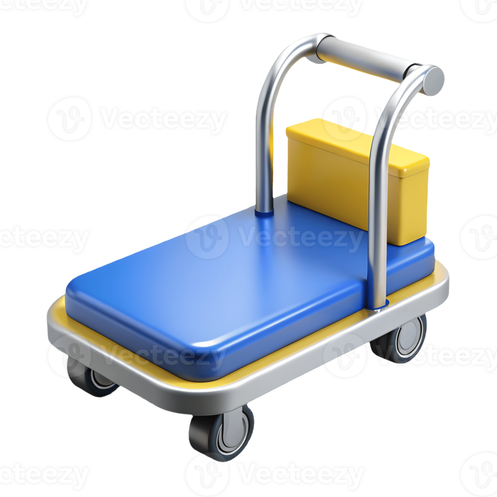 Blue and yellow luggage cart with a metallic handle perfect for airport or hotel use on a transparent background png