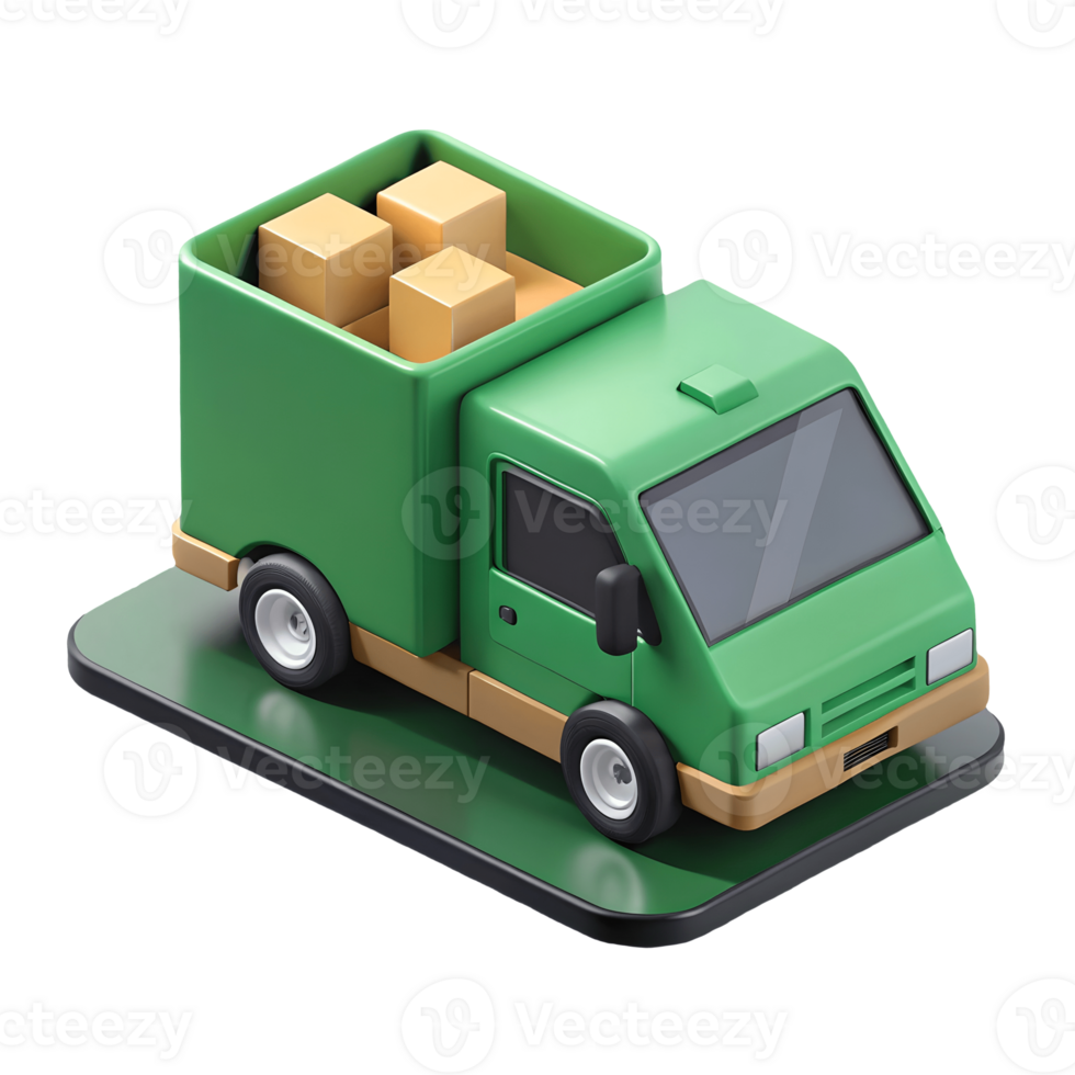 Cute stylized green delivery truck with orange boxes in the back perfect for logistics and shipping concepts on a transparent background png