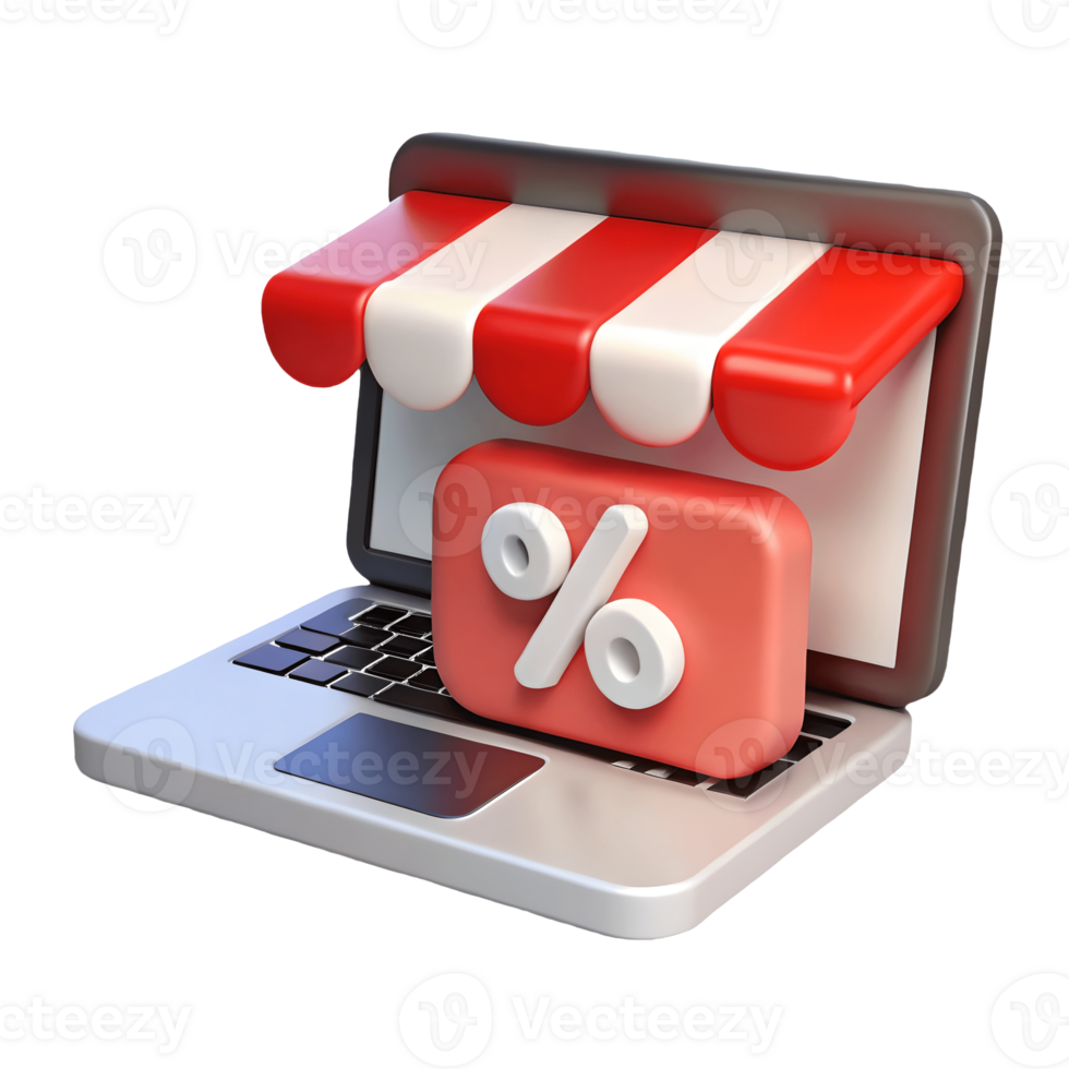 3D laptop with a red and white striped awning and a percentage sign symbolizing online discounts and sales on a transparent background png