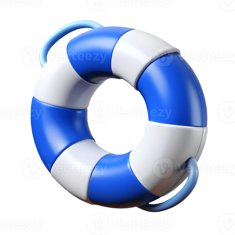 Blue and white lifebuoy ring with handles 3D render on a transparent background png