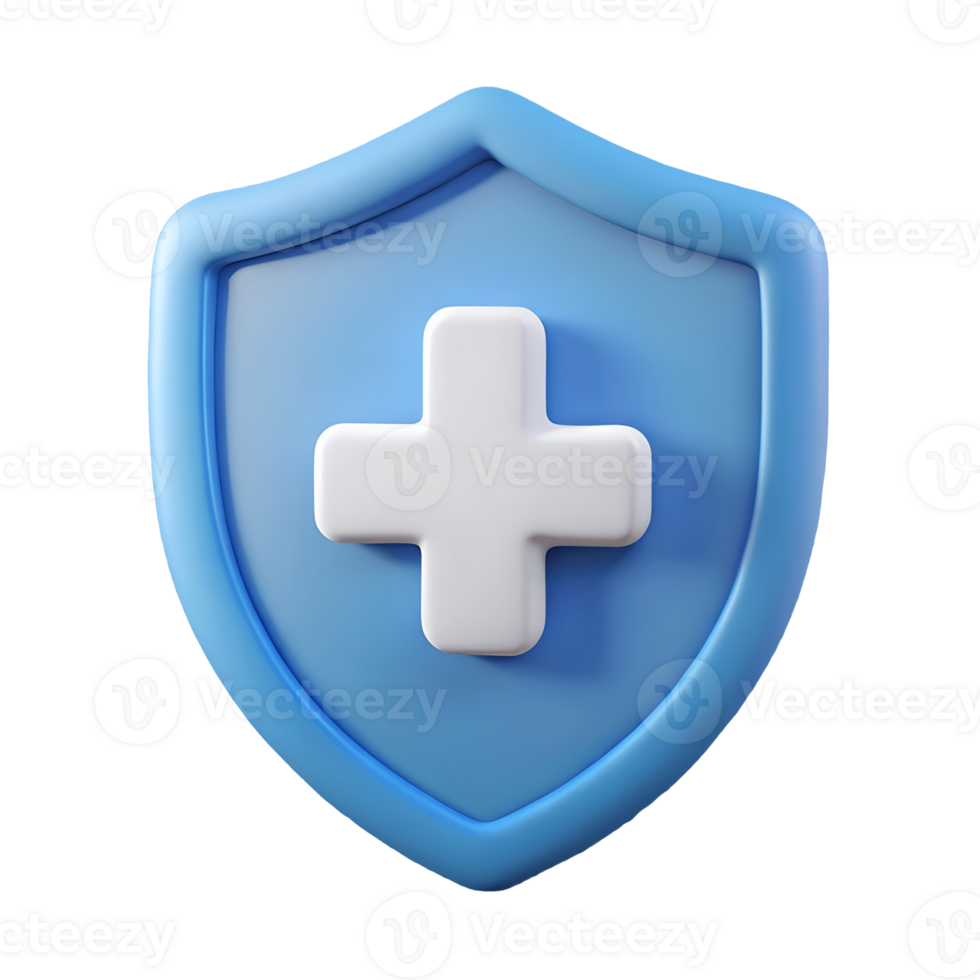 3D Blue Shield with White Cross Symbol on a transparent background png
