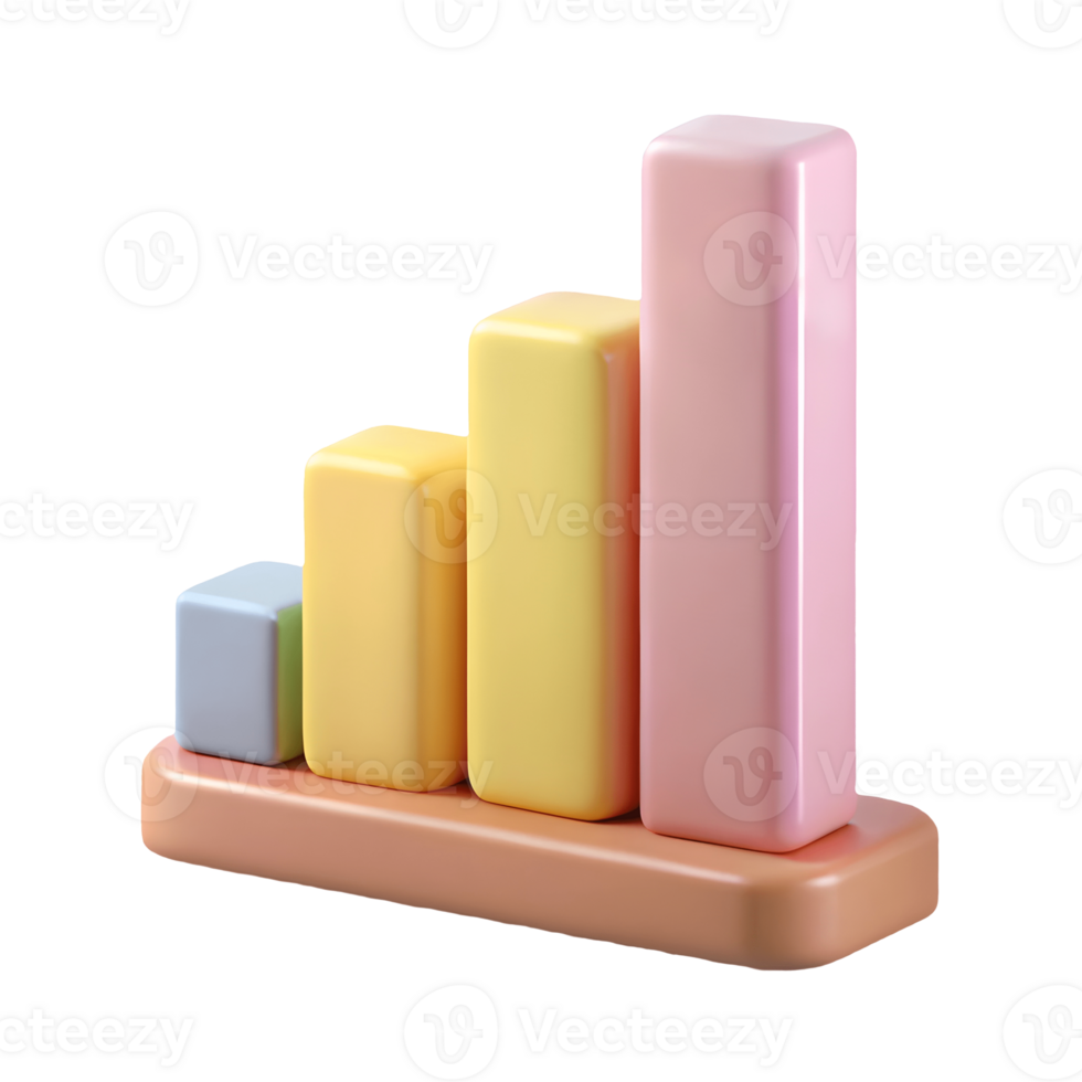 Colorful 3D bar graph with pastel blue yellow and pink bars on a peach base ideal for presentations and data visualization on a transparent background png