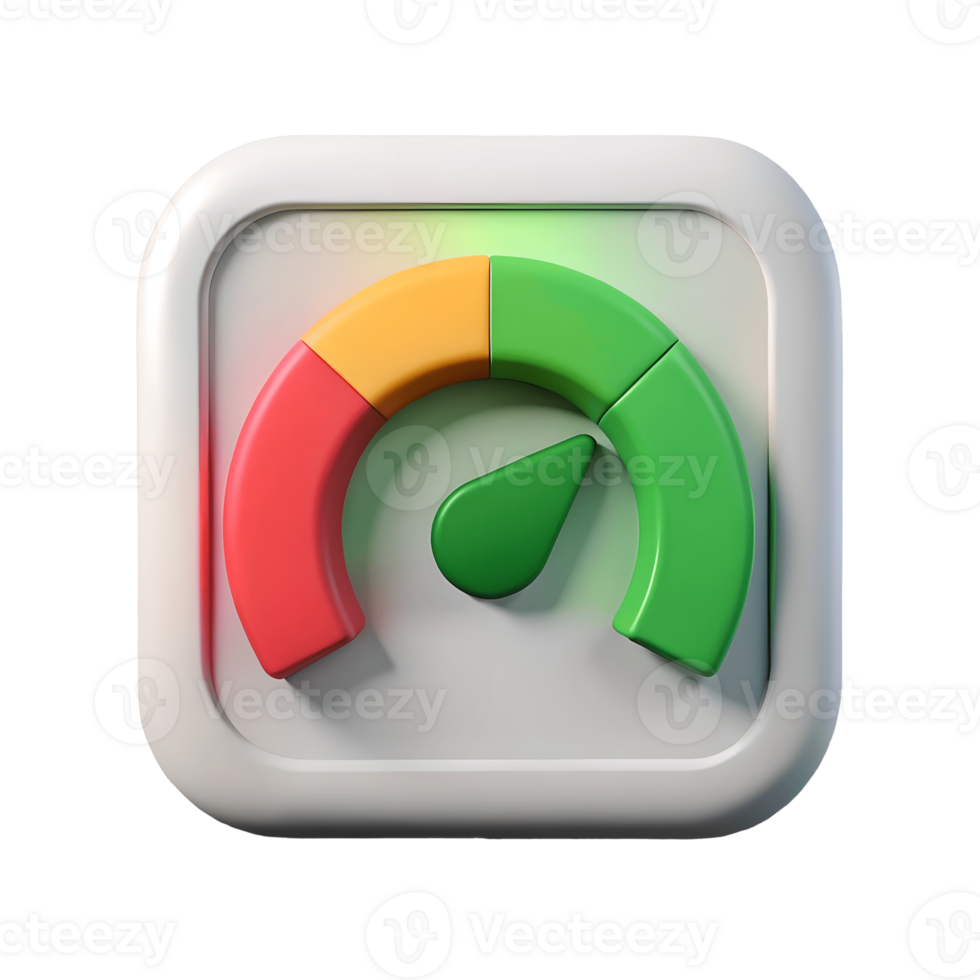 3D Rendered Performance Meter Icon with Red Yellow and Green Indicators on a transparent background png