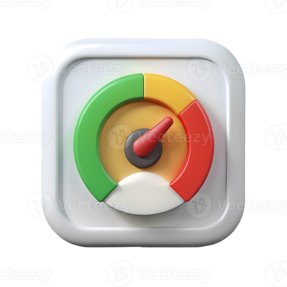 3D-rendered speedometer icon with a red needle pointing towards the green section symbolizing performance or rating on a transparent background png