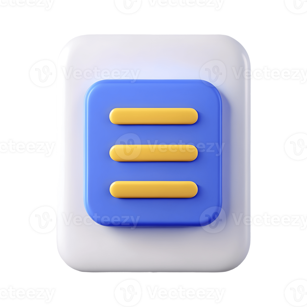 3D-rendered menu icon with yellow lines on a blue square set on a transparent background png