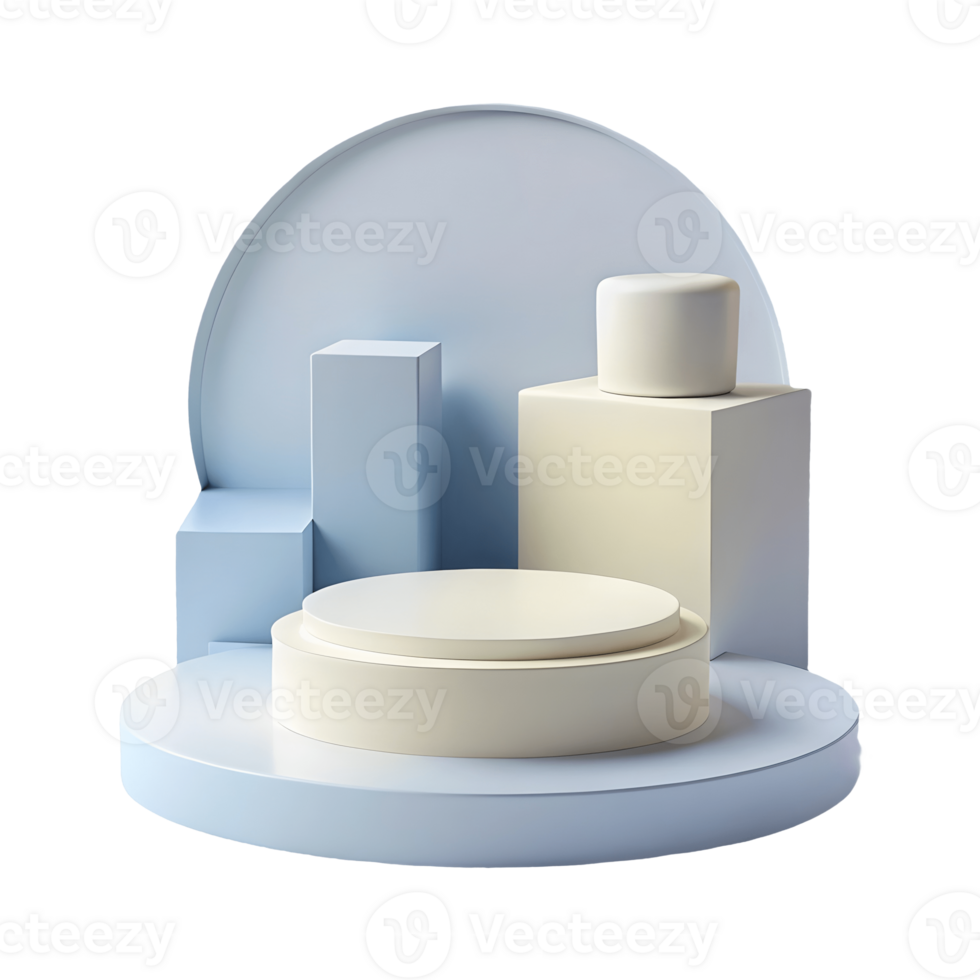 Minimalist 3D geometric shapes in soft blue and cream arranged on a circular platform ideal for product display on a transparent background png