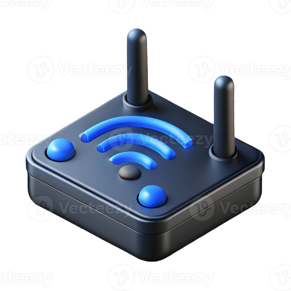 3D rendering of a modern sleek Wi-Fi router with blue lights and antennas on a transparent background png