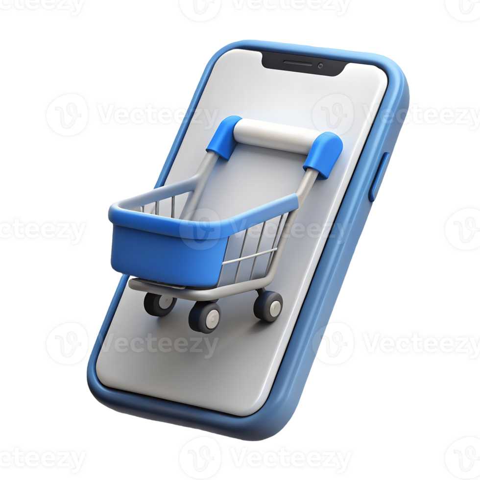 3D rendering of a modern smartphone with a blue shopping cart emerging from the screen symbolizing online shopping on a transparent background png