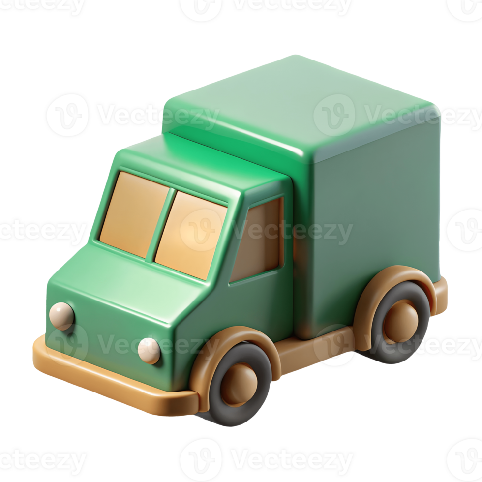 Charming 3D-rendered green toy truck with brown wheels and yellow windows perfect for childrens play or design elements on a transparent background png