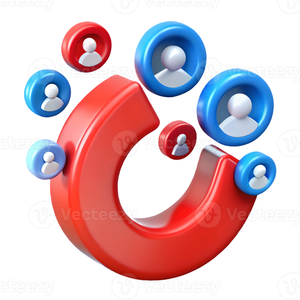 3D Red Magnet Attracting Blue and Red User Icons on a transparent background png