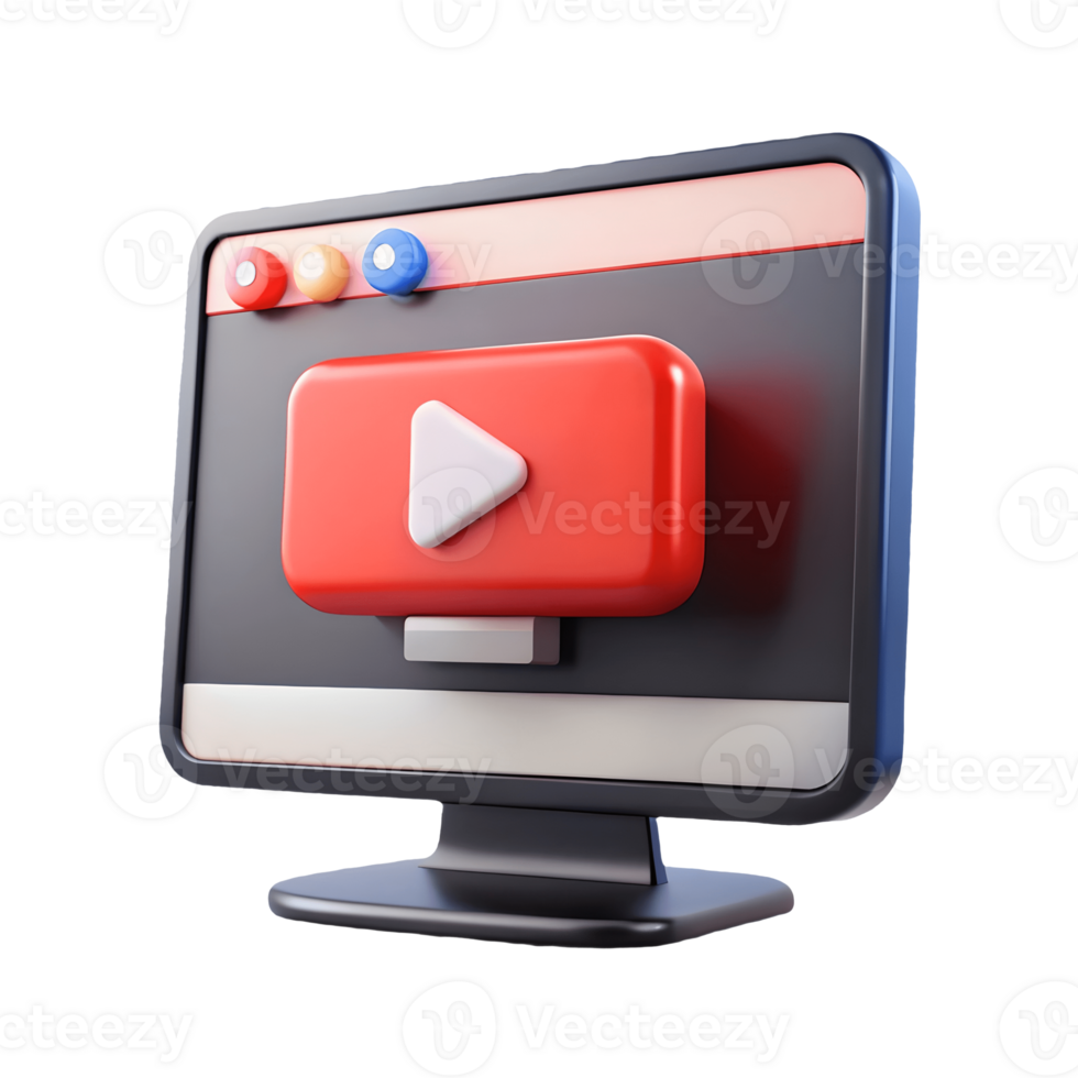 3D computer monitor with a red play button on screen symbolizing streaming or online media on a transparent background png