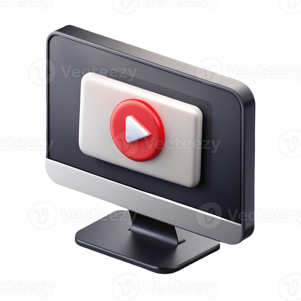 3D computer monitor with a red play button symbolizing playback or streaming services on a transparent background png