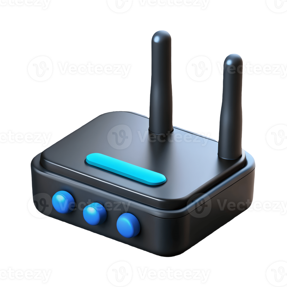 Modern black router with blue buttons and antennas on a transparent background png