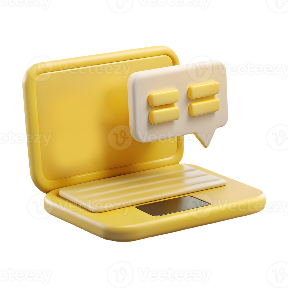 3D rendered yellow laptop with a speech bubble and message icon symbolizing online communication and chat functionality on a transparent background png