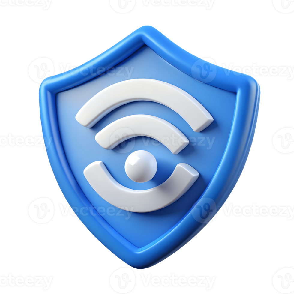 3D Blue Shield with White WiFi Symbol on a transparent background png