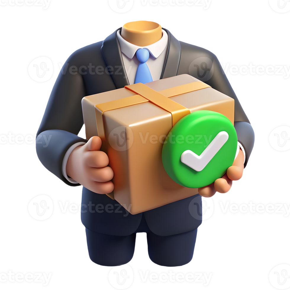 3D businessman holding a cardboard box with a green checkmark symbolizing approved or successful delivery on a transparent background png