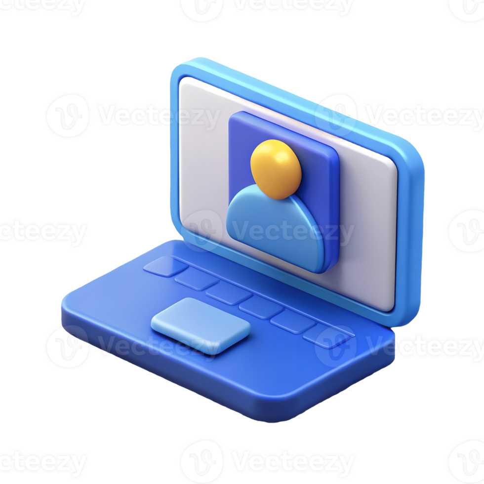 3D blue laptop with a user profile icon on screen perfect for digital communication concepts on a transparent background png