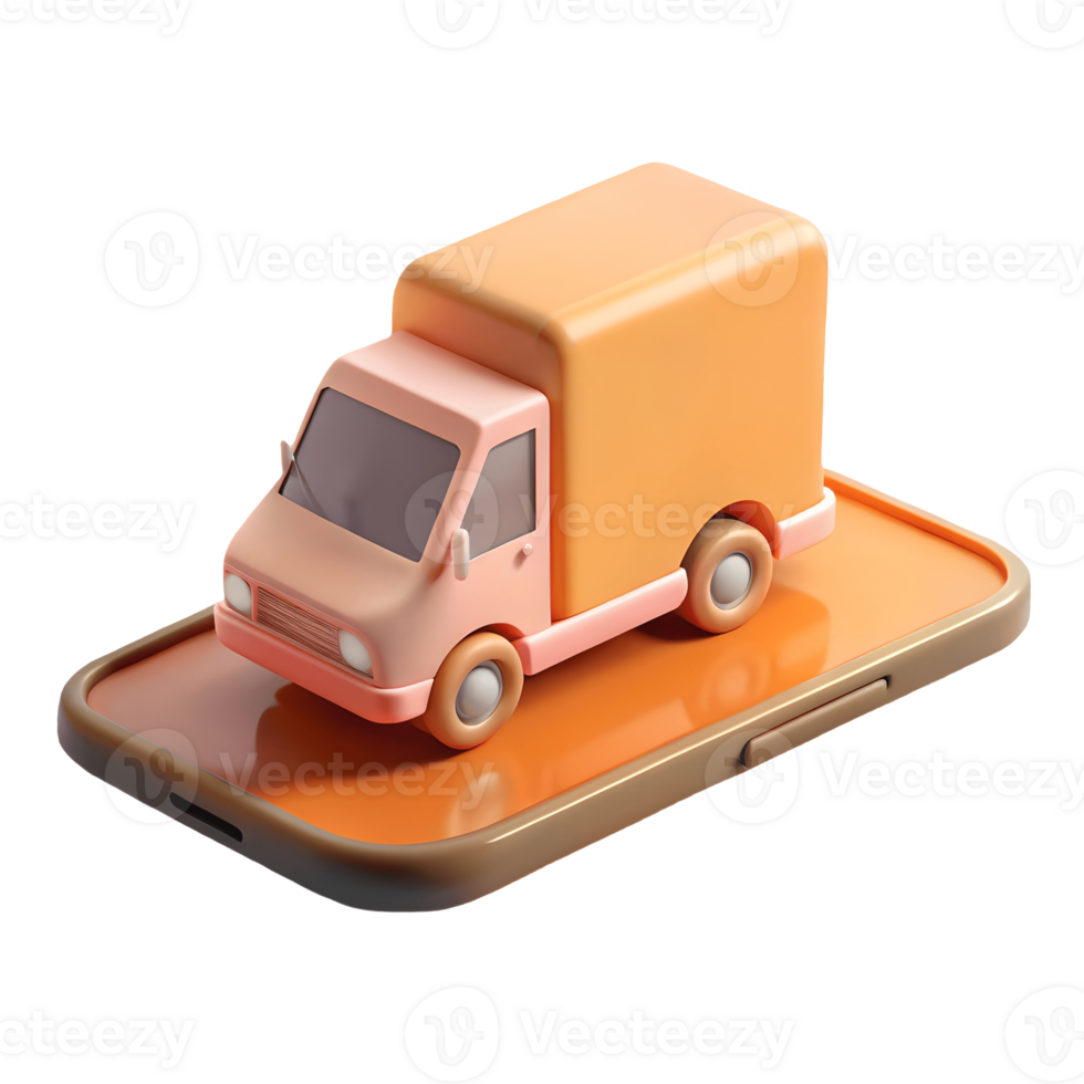 Cute 3D delivery truck on a smartphone symbolizing online shopping and mobile delivery services on a transparent background png