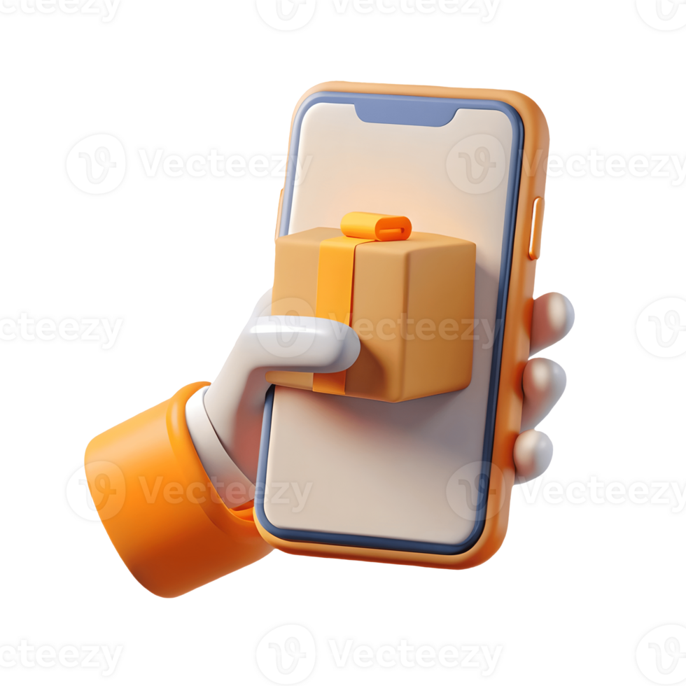3D hand holding a smartphone with a gift box on screen symbolizing online shopping and digital gifting on a transparent background png
